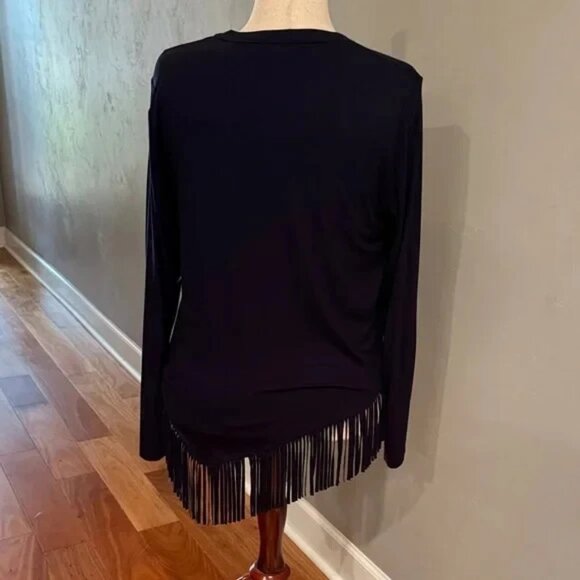 NWT Karen Kane Navy Asymmetrical Fringe Long Sleeve Top Size XL - Picture 2 of 4